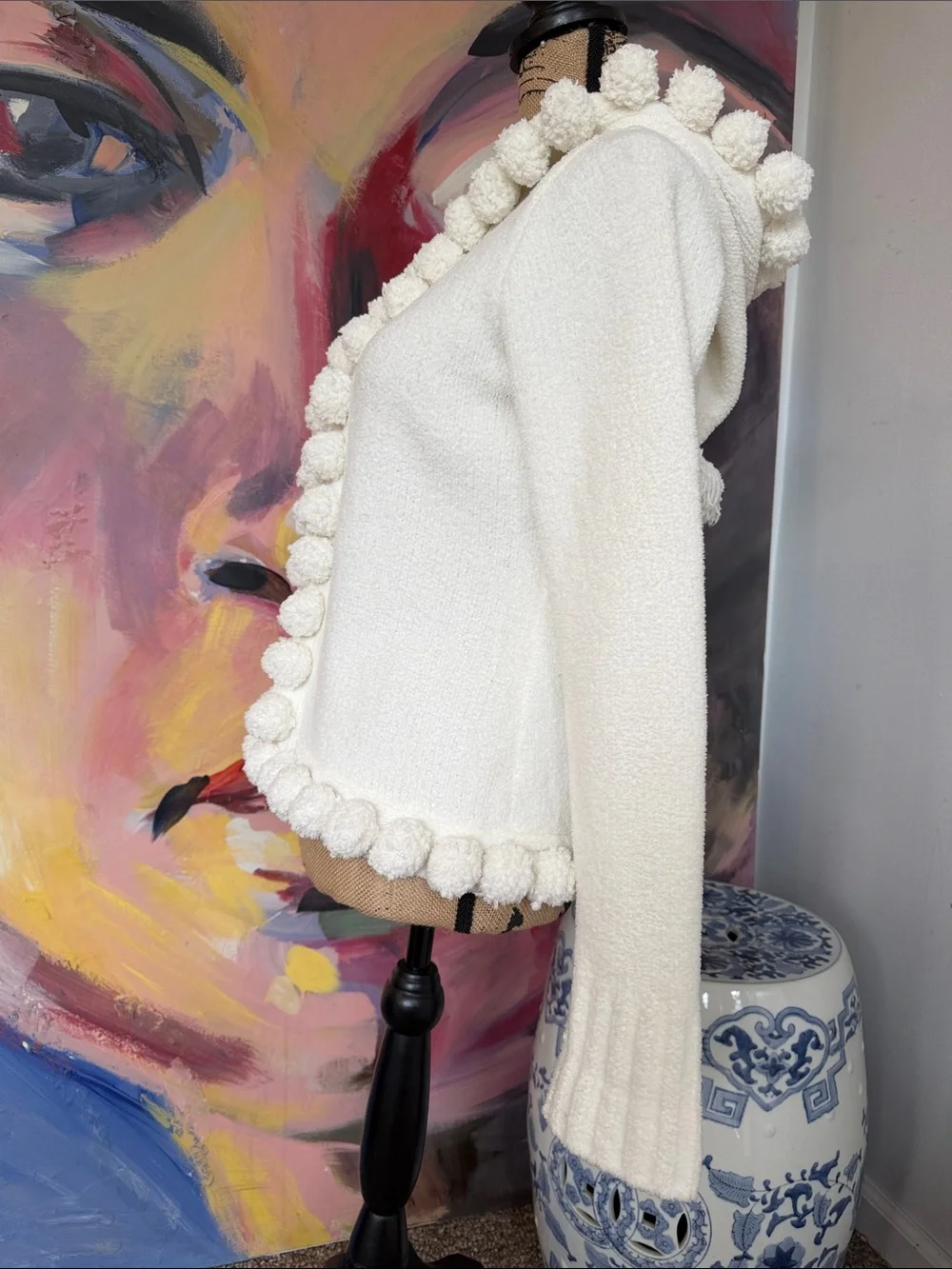 GAP Girl’s XXL Cream Bouclé Hooded Jacket with Pom Trim
